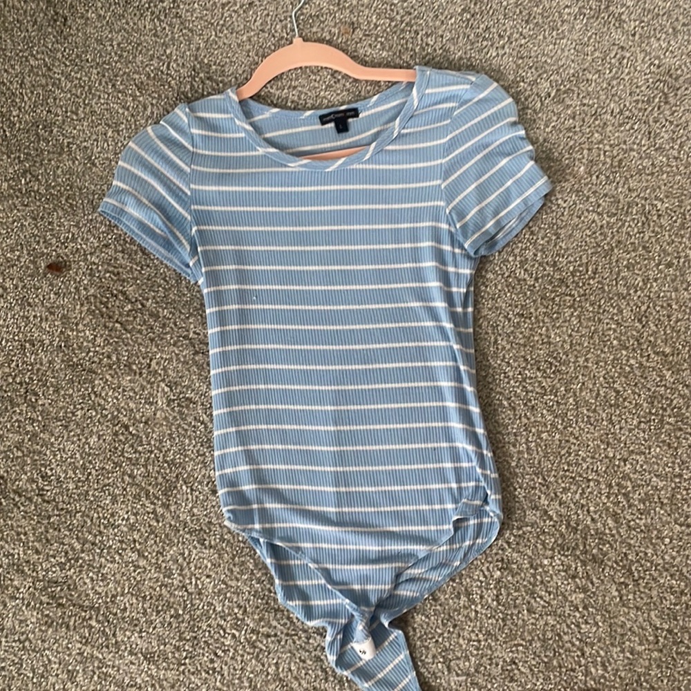 Blu and White Striped Ribbed Short Sleeved Body Suit